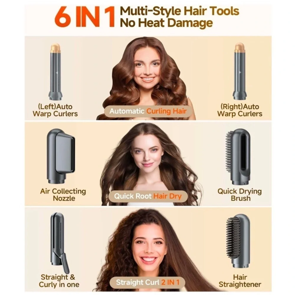 Hair Dryer Brush 6 in 1 Air Styling & Drying Multi-Styler Auto-Wrap Curlers #AM9